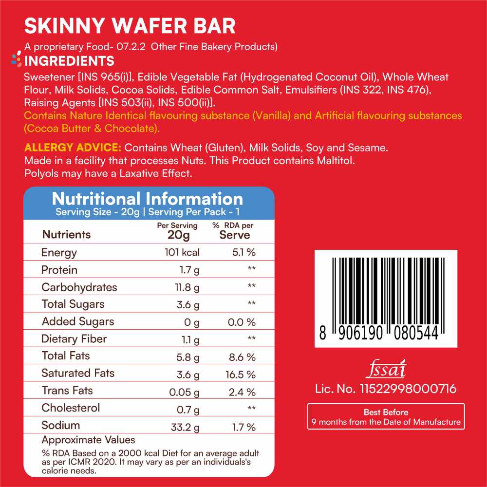 Skinny Wafer Bar - Sugar Free Choco Wafer Bar