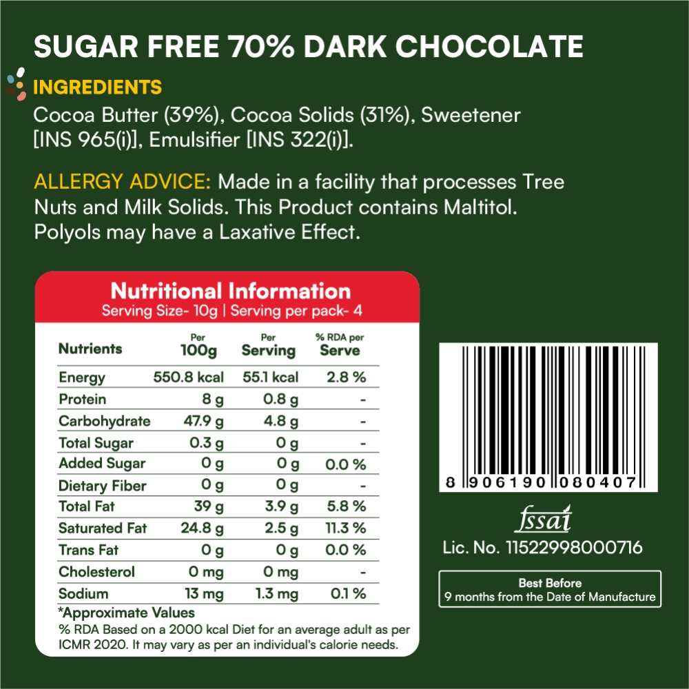 Skinny Chocolate - Sugar Free 70% Dark Chocolate
